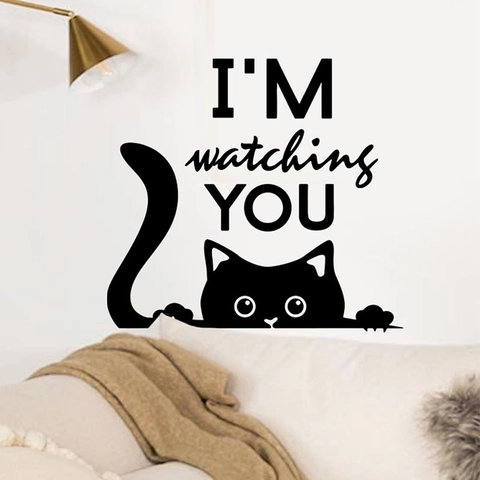 Sticker Mural Créatif Chat Noir Coup d'Oeil Avec Texte I'M Watching YOU Imperméable Amovible PVC Décor Pour Frigo Salle de Bain
