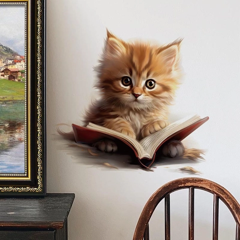 Adesivo per Coperchio WC 3D Gatto Arancione che Legge Libro Impermeabile PVC Decorativo Adesivo Murale per Bagno Studio