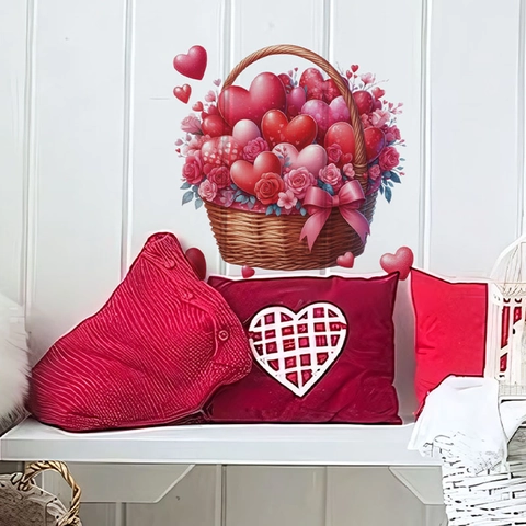 Romantic Valentine's Day Heart Flower Basket Wall Sticker PVC Waterproof Self-Adhesive Decal For Bedroom Living Room Decor