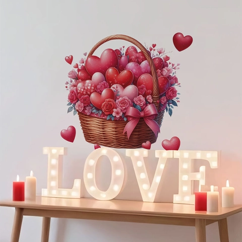 Romantic Valentine's Day Heart Flower Basket Wall Sticker PVC Waterproof Self-Adhesive Decal For Bedroom Living Room Decor