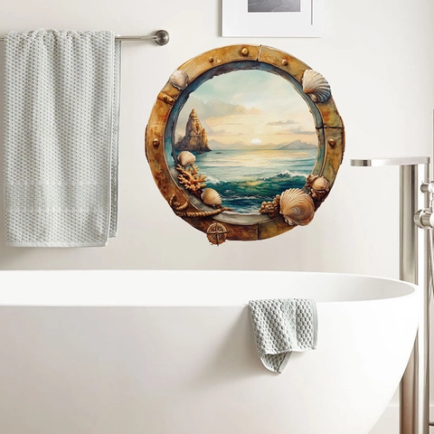 3D Bullauge Ozean Wandaufkleber Wasserdicht PVC Meeresleben Sonnenuntergang Szene Dekor Für Badezimmer Toilette Wanddeko
