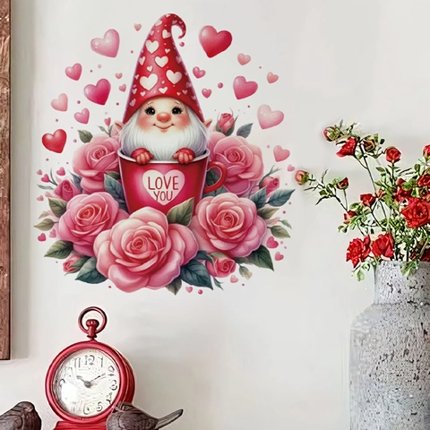 Adhesivo de Pared de San Valentín Gnomo Corazón Taza PVC Autoadhesivo Removible Rosa Rosa Calcomanía Floral Decoración Romántica