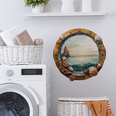 3D Bullauge Ozean Wandaufkleber Wasserdicht PVC Meeresleben Sonnenuntergang Szene Dekor Für Badezimmer Toilette Wanddeko