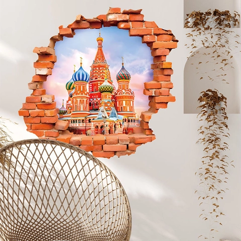 3D Creative Wall Sticker Saint Basil Cathedral Broken Red Brick Wall Effect PVC Waterproof Removable Home Decor Mural