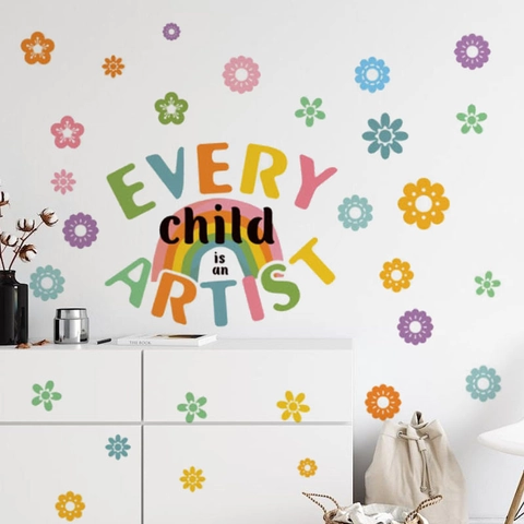 Multicolor Arco Iris Flor Letra Inglesa Pegatina de Pared Para Niños Dormitorio Decoración Mural Inspirador PVC DIY Mural
