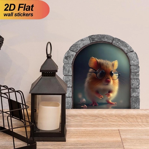 Adhesivo de Pared Creativo 3D Agujero de Ratón Hámster con Gafas Calcomanía Animal para Habitación Niños Sala Decoración PVC
