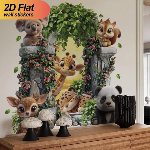 Pegatina de Pared de Animales de la Selva PVC Autoadhesiva Panda Jirafa Koala Calcomanías de Pared para Dormitorio Infantil