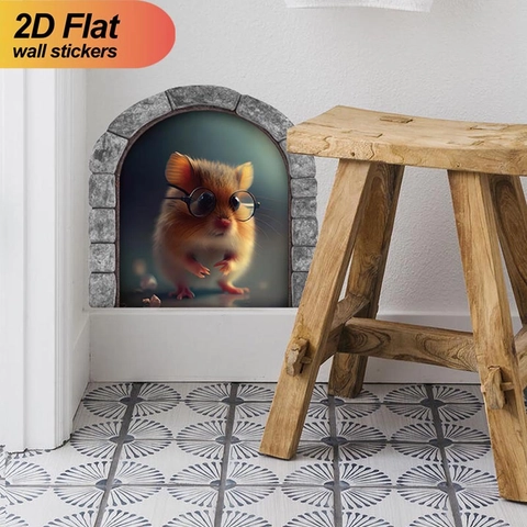 Adhesivo de Pared Creativo 3D Agujero de Ratón Hámster con Gafas Calcomanía Animal para Habitación Niños Sala Decoración PVC