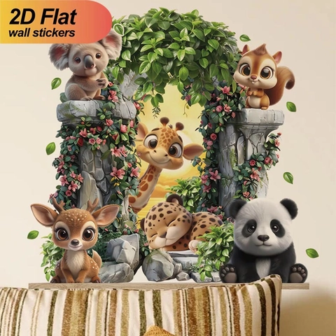 Pegatina de Pared de Animales de la Selva PVC Autoadhesiva Panda Jirafa Koala Calcomanías de Pared para Dormitorio Infantil