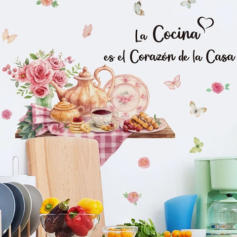Adesivo da Parete per Cucina con Fiori ad Acquerello e Citazione Spagnola Cuore Farfalla Rimovibile Autoadesivo in PVC Vinile Arredo Casa