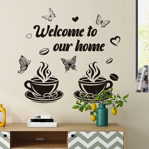 Modern Coffee Butterfly Welcome To Our Home Wall Sticker PVC Self Adhesive Waterproof Kitchen Restaurant Art Mural Decor