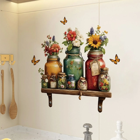Retro Schmetterling Blumen Gläser Holzregal Wandaufkleber Wasserdicht PVC Küche Restaurant Kunst Wandbild Haus Dekor