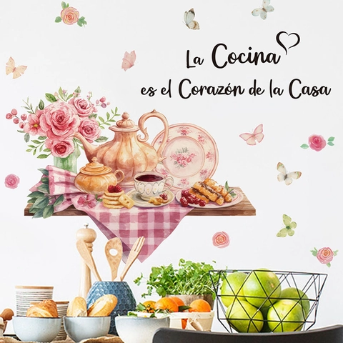Adesivo da Parete per Cucina con Fiori ad Acquerello e Citazione Spagnola Cuore Farfalla Rimovibile Autoadesivo in PVC Vinile Arredo Casa