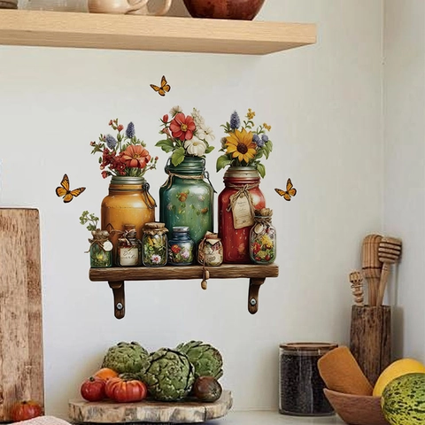 Retro Schmetterling Blumen Gläser Holzregal Wandaufkleber Wasserdicht PVC Küche Restaurant Kunst Wandbild Haus Dekor