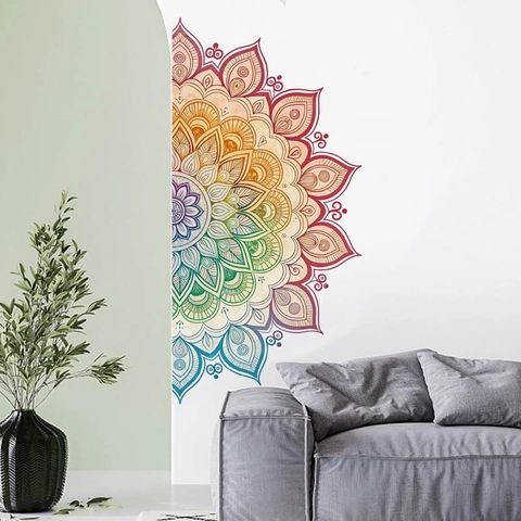 Mandala Muursticker Regenboog Boho Kleurrijk Waterdicht PVC Muurschildering Voor Slaapkamer Woonkamer Decoratie Zelfklevend