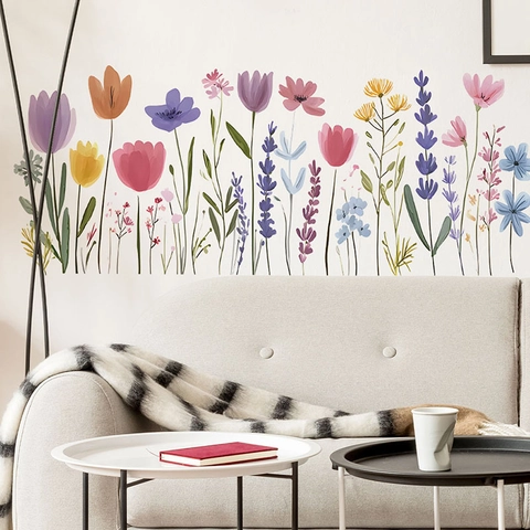 Pegatinas de Pared de Flores de Acuarela de PVC Impermeable Removible Pintadas a Mano Tulipán Lavanda Plantas Calcomanía Para Sala de Estar Dormitorio Baño Hogar Decoración