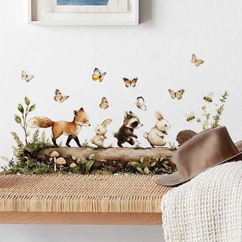 Watercolor Forest Animal Wall Stickers For Kids Room Nursery Decor Fox Rabbit Raccoon Butterfly PVC Self Adhesive Wall Decals Easter Decoration
