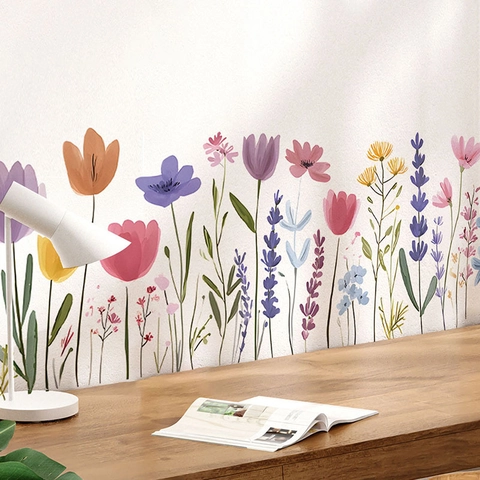 Pegatinas de Pared de Flores de Acuarela de PVC Impermeable Removible Pintadas a Mano Tulipán Lavanda Plantas Calcomanía Para Sala de Estar Dormitorio Baño Hogar Decoración