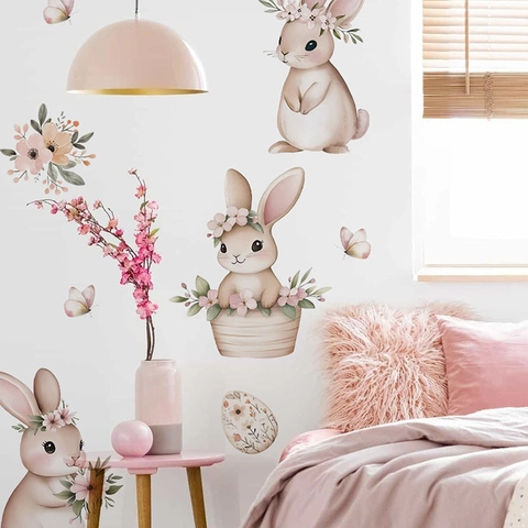 Vinilos Decorativos Conejo de Pascua Estampado Acuarela Conejo Floral Mariposa Huevo Removible Impermeable PVC Decoración de Pared para Niños