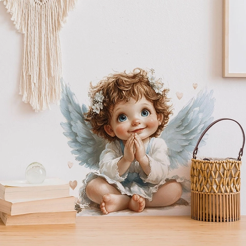 Autocollants Muraux Ange de Dessin Animé Mignon en PVC Étanche Amovible pour Chambre d'Enfant Salle de Bain Décoration Maison Style Ins