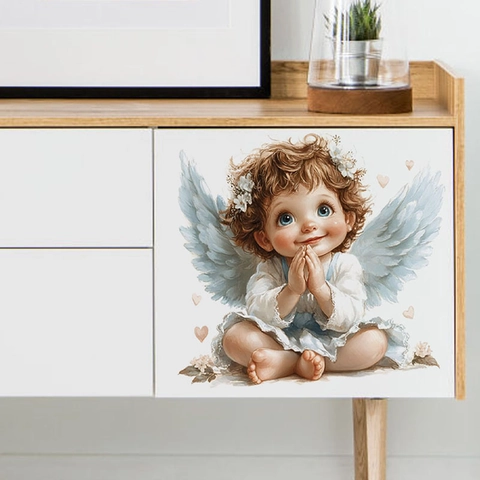 Autocollants Muraux Ange de Dessin Animé Mignon en PVC Étanche Amovible pour Chambre d'Enfant Salle de Bain Décoration Maison Style Ins
