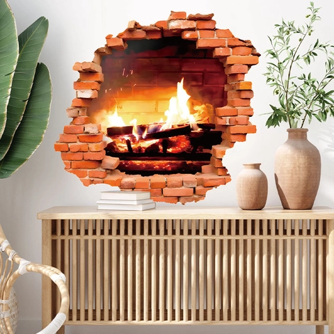 3D Wanddurchbruch Kamin Wandaufkleber Realistisches Brennendes Feuer Ziegelmauer Aufkleber PVC Wasserdicht Wandbild