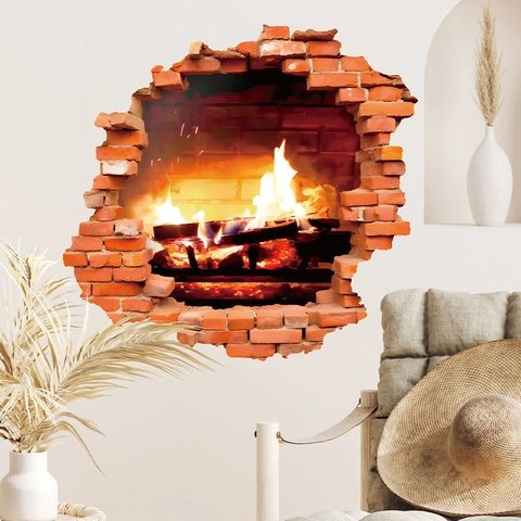 3D Wanddurchbruch Kamin Wandaufkleber Realistisches Brennendes Feuer Ziegelmauer Aufkleber PVC Wasserdicht Wandbild
