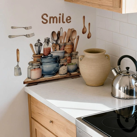 Smile Kitchen Utensils Wall Sticker PVC Waterproof Self Adhesive Spices Pot Cutlery DIY Wall Decal For Kitchen Decor
