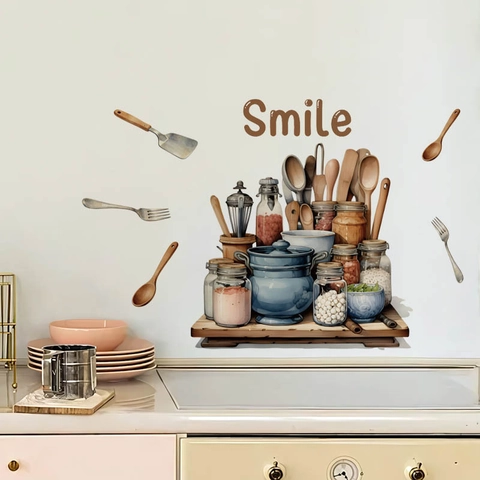 Smile Kitchen Utensils Wall Sticker PVC Waterproof Self Adhesive Spices Pot Cutlery DIY Wall Decal For Kitchen Decor