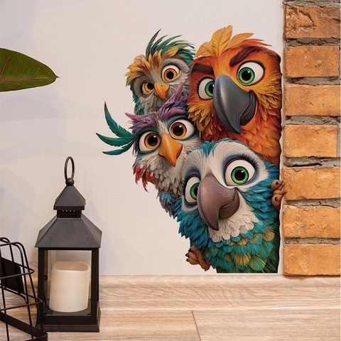Pegatinas de Pared de Pájaros de Dibujos Animados 3D Calcomanías de PVC Extraíbles Loro Colorido para Sala de Estar Dormitorio