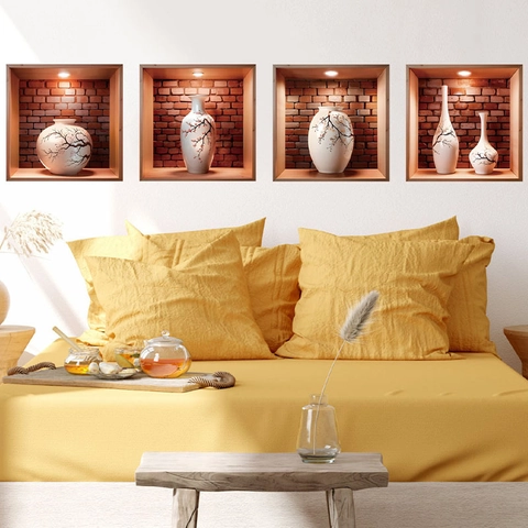3D Chinese Style Vase Wall Sticker PVC Waterproof Self Adhesive Mural For Living Room Entrance Vintage Home Decor Art