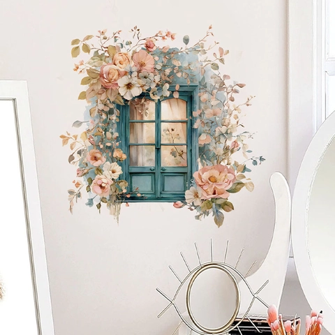 Sticker Mural Fenêtre Bleue Rétro à l'Aquarelle Fleurs PVC Imperméable Amovible Décoration Maison Pour Chambre Salon
