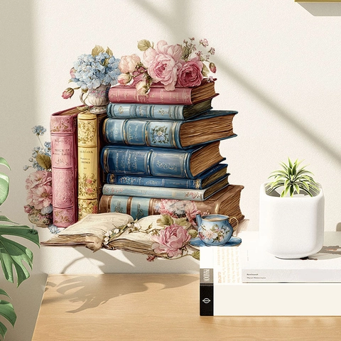 Vintage Ostern Bücher Blumen Wandtattoo Abnehmbare PVC Selbstklebende Hortensie Rose Druck Wandbild Für Wohnzimmer Deko