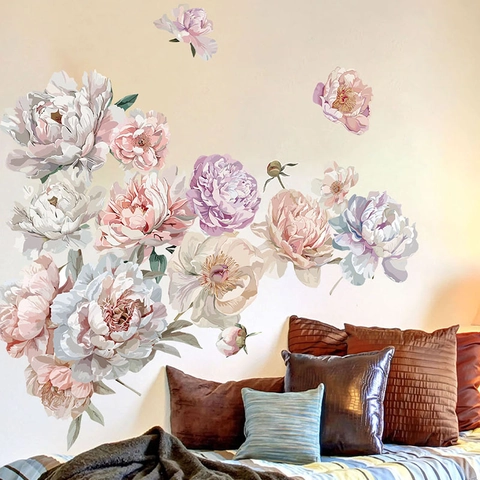 Adesivi Murali a Forma di Peonia ad Acquerello Decalcomanie Floreali in PVC Autoadesive Rimovibili per Decorazione Camera da Letto