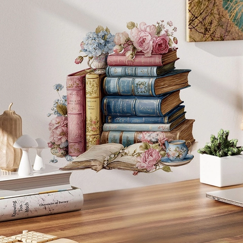 Vintage Ostern Bücher Blumen Wandtattoo Abnehmbare PVC Selbstklebende Hortensie Rose Druck Wandbild Für Wohnzimmer Deko