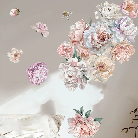 Adesivi Murali a Forma di Peonia ad Acquerello Decalcomanie Floreali in PVC Autoadesive Rimovibili per Decorazione Camera da Letto