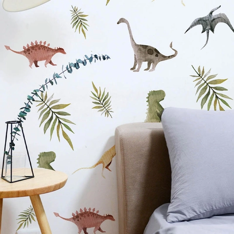 Watercolor Dinosaur and Tropical Leaves Wall Stickers PVC Self Adhesive Decals For Kids Room Bedroom Nursery Home Wall Decor