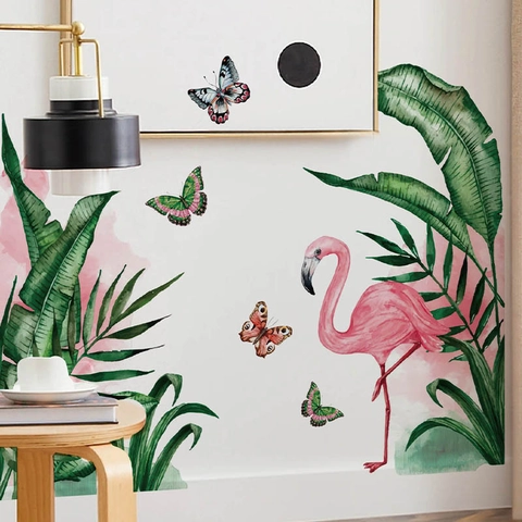 Adesivo Murale Rimovibile in PVC Con Fenicottero Rosa e Foglie Tropicali ad Acquerello Per Soggiorno Camera da Letto