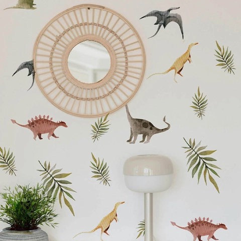 Watercolor Dinosaur and Tropical Leaves Wall Stickers PVC Self Adhesive Decals For Kids Room Bedroom Nursery Home Wall Decor