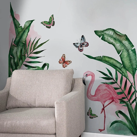 Adesivo Murale Rimovibile in PVC Con Fenicottero Rosa e Foglie Tropicali ad Acquerello Per Soggiorno Camera da Letto