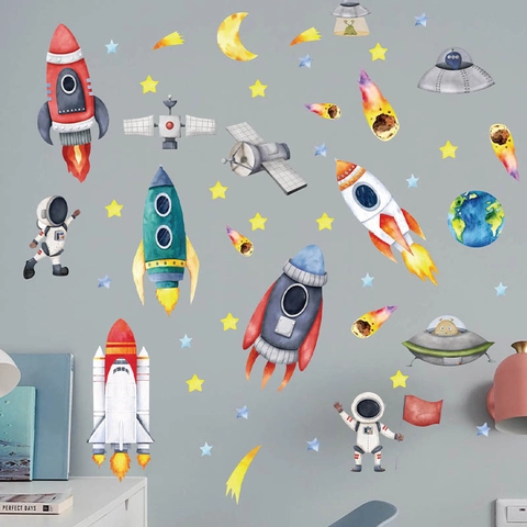 Stickers Muraux Espace Astronaute Fusée Style Aquarelle Chambre d'Enfant Chambre Décoration Murale Adhésive PVC Mural