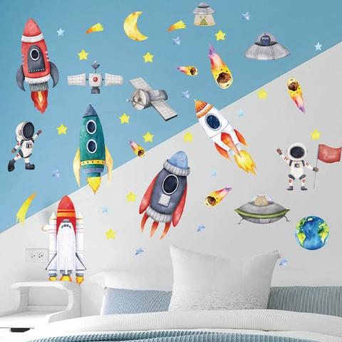 Stickers Muraux Espace Astronaute Fusée Style Aquarelle Chambre d'Enfant Chambre Décoration Murale Adhésive PVC Mural