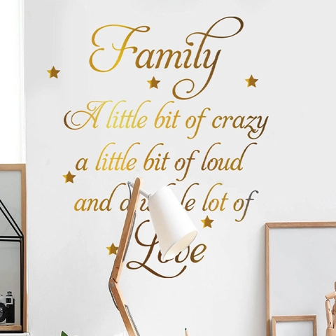 Gold Family Quote Wall Sticker PVC Metallic Text Decal With Star Removable DIY Art For Home Kitchen Dining Room Wall Decor