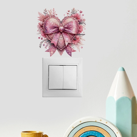 Cute Pink Bow Heart Pattern Switch Decoration Wall Sticker PVC Self-Adhesive Waterproof Removable Wall Decal For Living Room Bedroom Home Decor