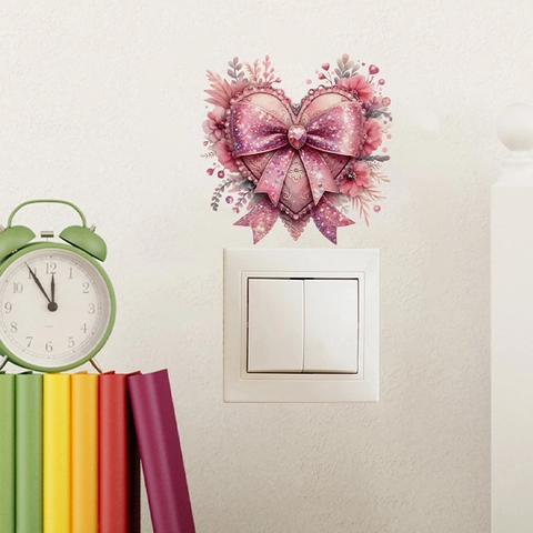 Cute Pink Bow Heart Pattern Switch Decoration Wall Sticker PVC Self-Adhesive Waterproof Removable Wall Decal For Living Room Bedroom Home Decor