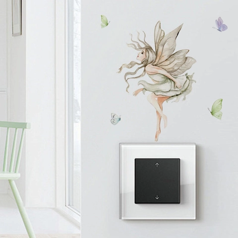 Aquarell Fee und Schmetterling Wandtattoo PVC Abnehmbarer DIY Aufkleber für Lichtschalter Wohnzimmer Schlafzimmer Dekoration