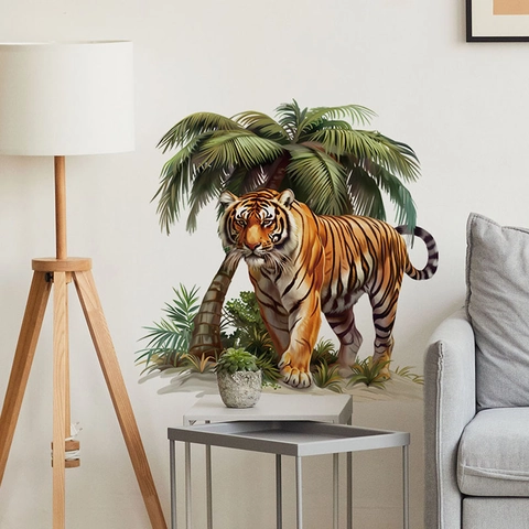 Realistische Tijger Palmboom Muursticker PVC Waterdicht Zelfklevend Muurschildering Kunst Decal Voor Woonkamer Slaapkamer Decoratie