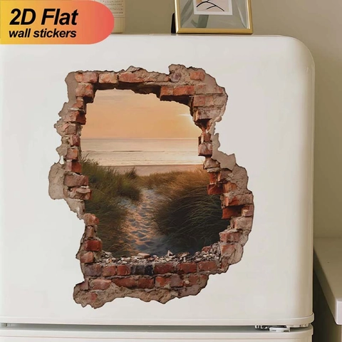 Sticker Mural 3D Mur Brisé Paysage Marin Coucher de Soleil PVC Autocollant Mural Artistique Pour Salon Chambre Décoration