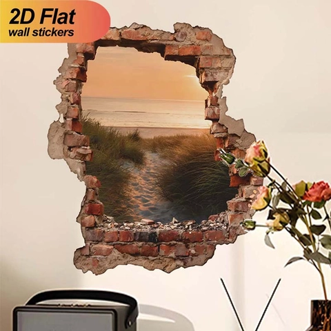 Sticker Mural 3D Mur Brisé Paysage Marin Coucher de Soleil PVC Autocollant Mural Artistique Pour Salon Chambre Décoration