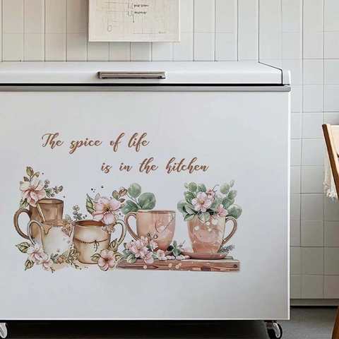 Aquarell Kaffeetasse Blume Küche Wandtattoo Spice Of Life Zitat PVC Wasserdicht DIY Haus Deko Wandbild Aufkleber